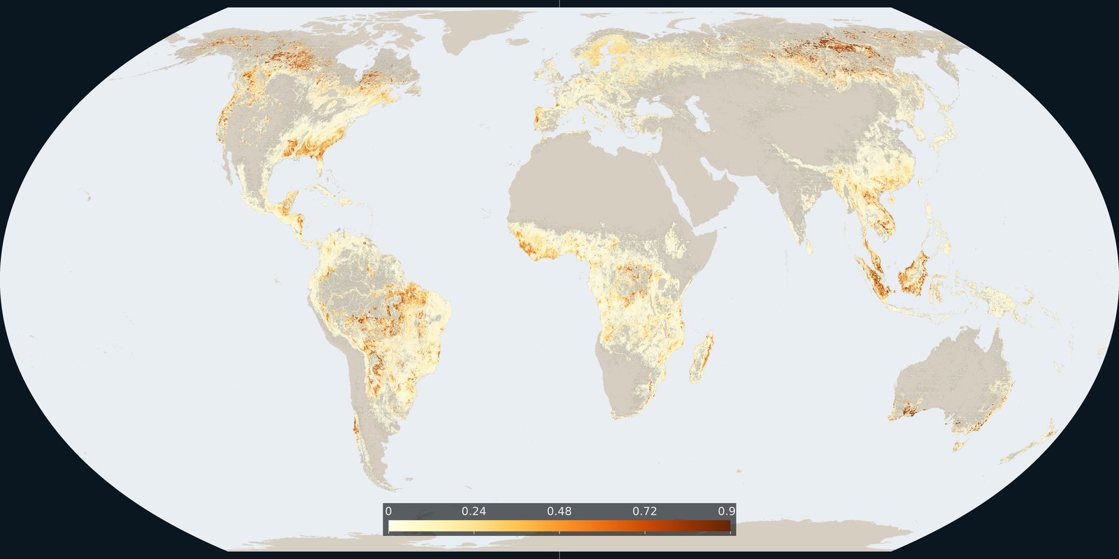 World map of the share of 30 m pixels with tree-cover loss from 2001 to 2024, darker where more of the cell was lost