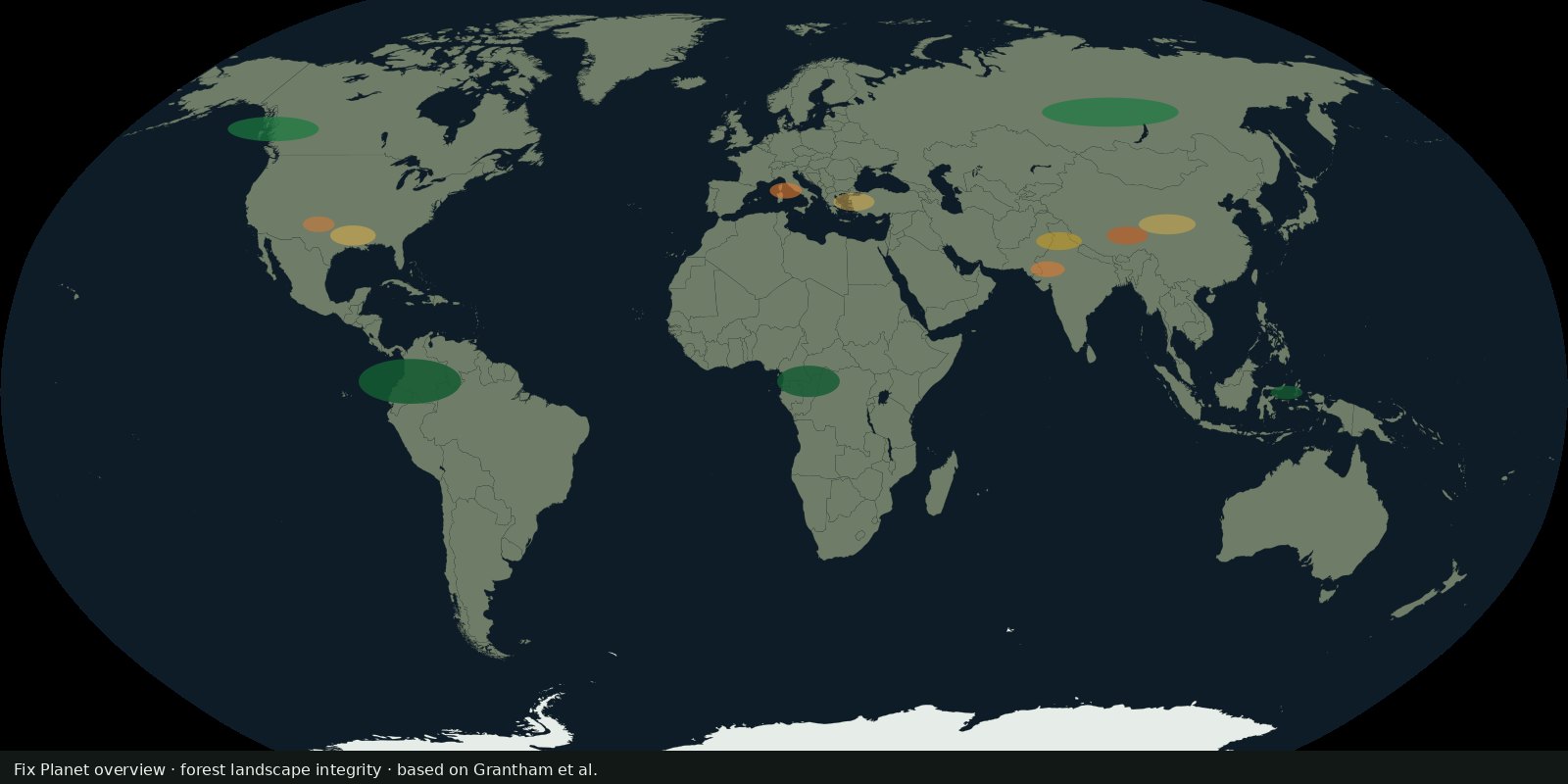 World map with a continuous forest-integrity scale: deep green remote blocks, gold mid-scores, and orange heavily modified standing forest, not a canopy-loss date