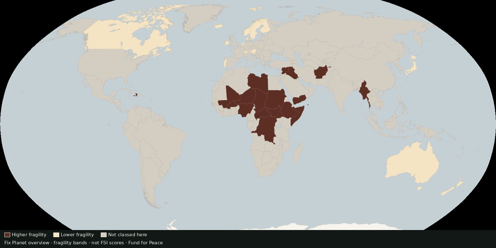 Fix Planet overview heat map of fragility bands: darker land where fragility is higher on this overview, lighter land where it is lower, and mid-tone land left unclassified, not Fund for Peace artwork and not FSI scores