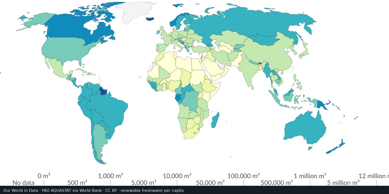 Our World in Data choropleth of renewable freshwater resources per person: pale dryland countries and darker teal water-rich countries