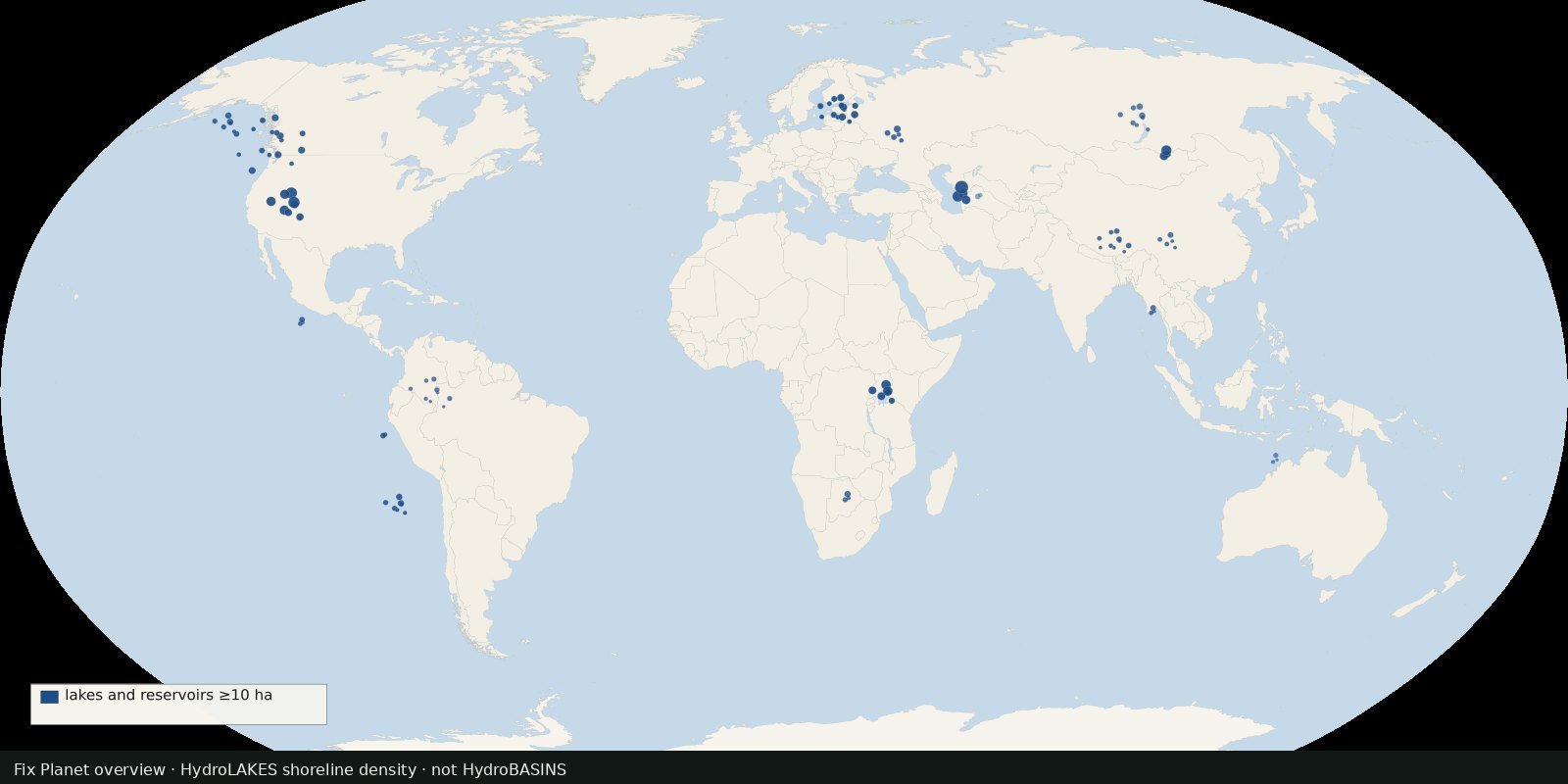 World map with dark-blue lake and reservoir dots clustered in known lake districts, a shoreline inventory schematic, not river basins