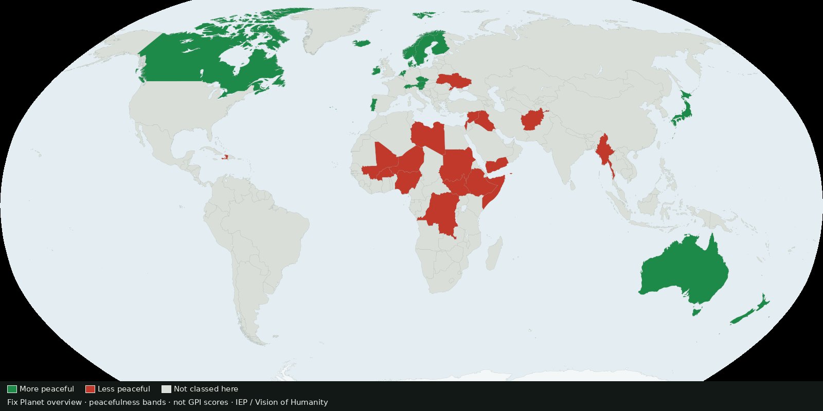 Fix Planet overview choropleth in a peacefulness palette: greener land in a more-peaceful band, redder land in a less-peaceful band, and grey land left unclassified: not Vision of Humanity artwork and not GPI scores
