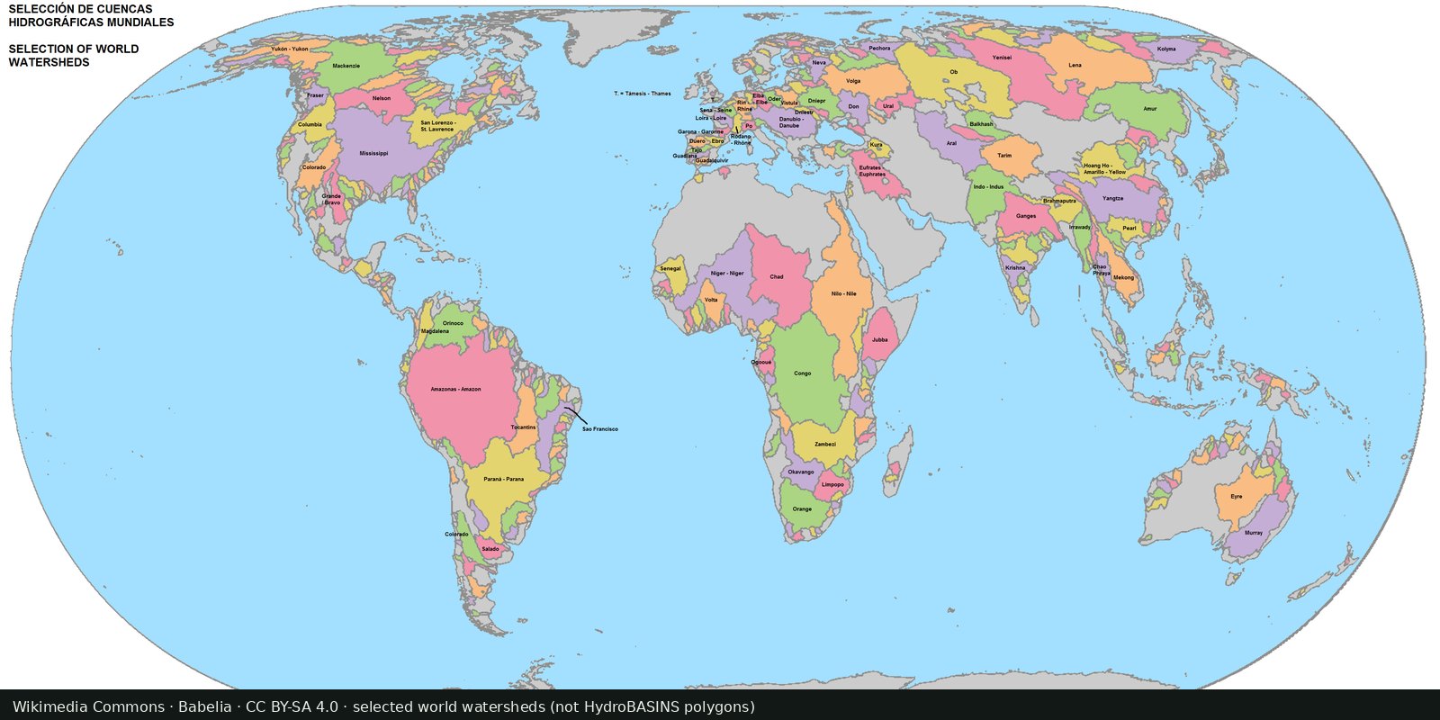 World map of selected river watersheds in pastel polygons on a light-blue ocean, a hydrographic base, not a water-stress index