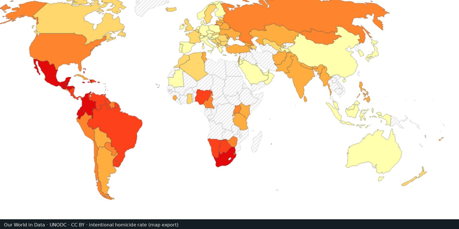 Our World in Data choropleth of intentional homicide rates: yellow-orange land with darker red in parts of Latin America and southern Africa