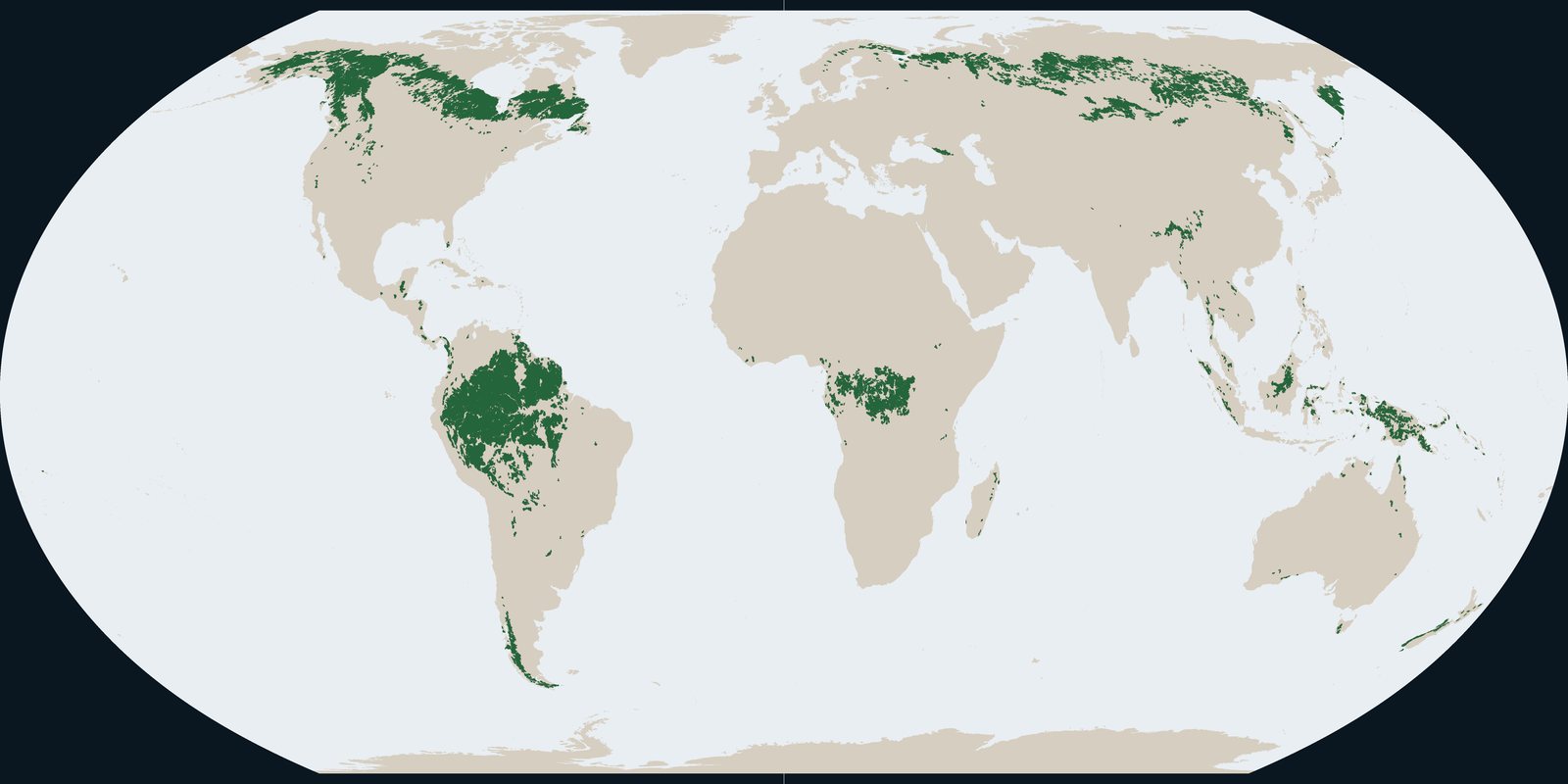 World map of Intact Forest Landscapes in 2020: green blocks over the Amazon, the Congo basin, boreal Canada and Siberia, and New Guinea