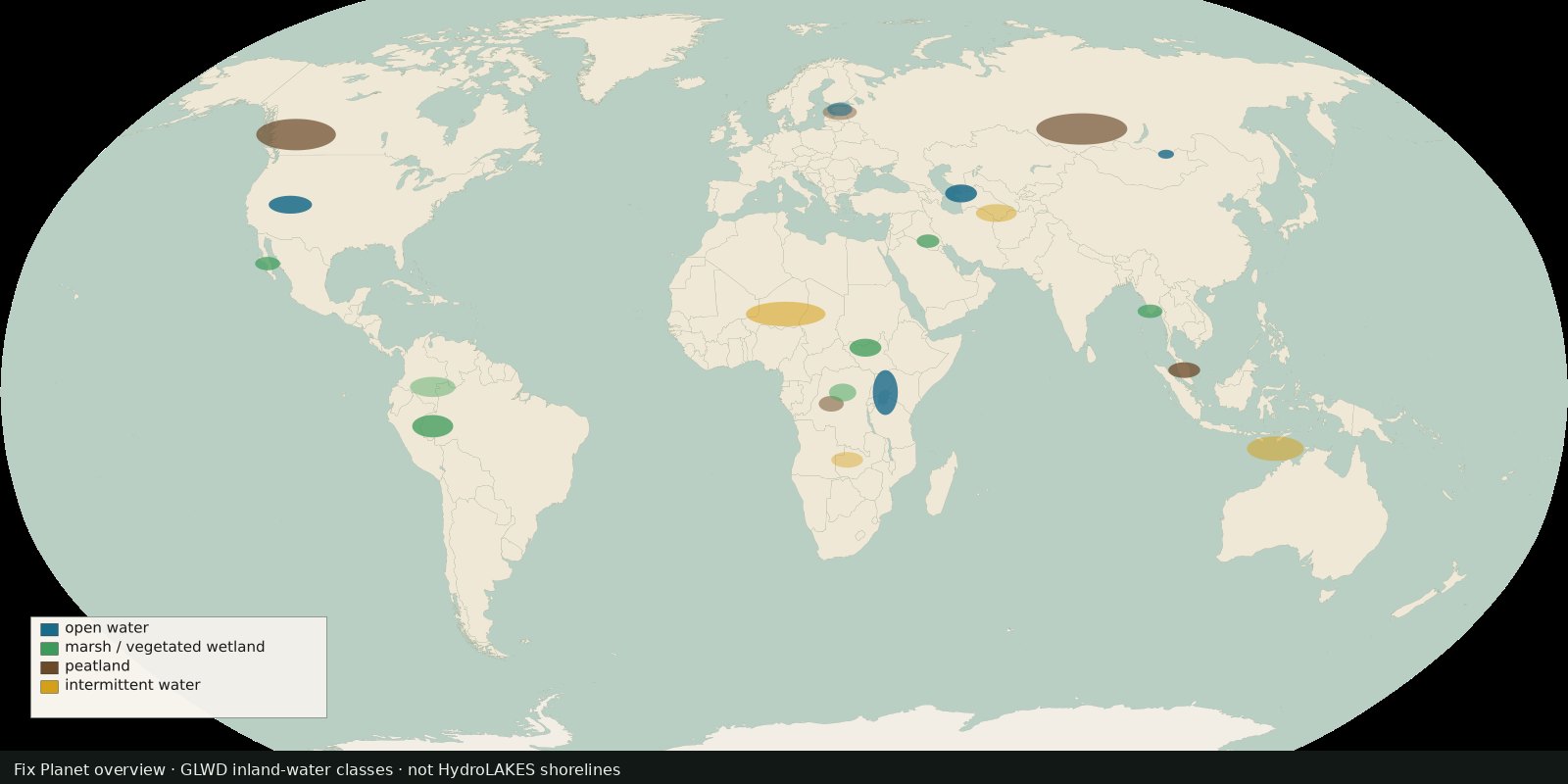 World map with teal open-water, green marsh, brown peat, and gold intermittent-water patches: wetland classes, not lake shorelines