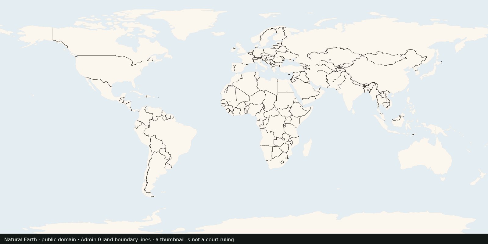 World map of international land borders as dark lines on light land, line geometry, not filled countries and not maritime limits