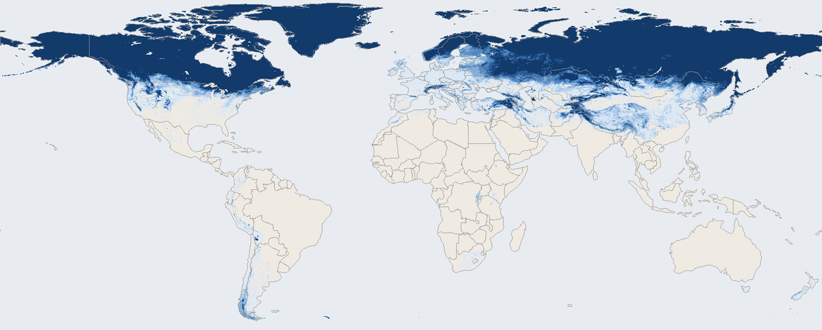 World map of average snow cover on land in March 2026. Northern land is blue where snow was common, snow-free land is sand coloured, the ocean is light grey-blue, and Antarctica is left off.