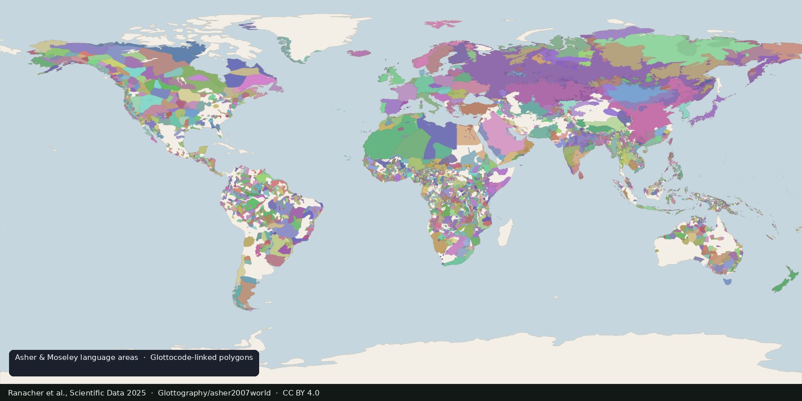 Sample language-area polygons digitized from Asher and Moseley’s atlas and linked to Glottocodes, areas, not Glottolog points, and not a census of peoples