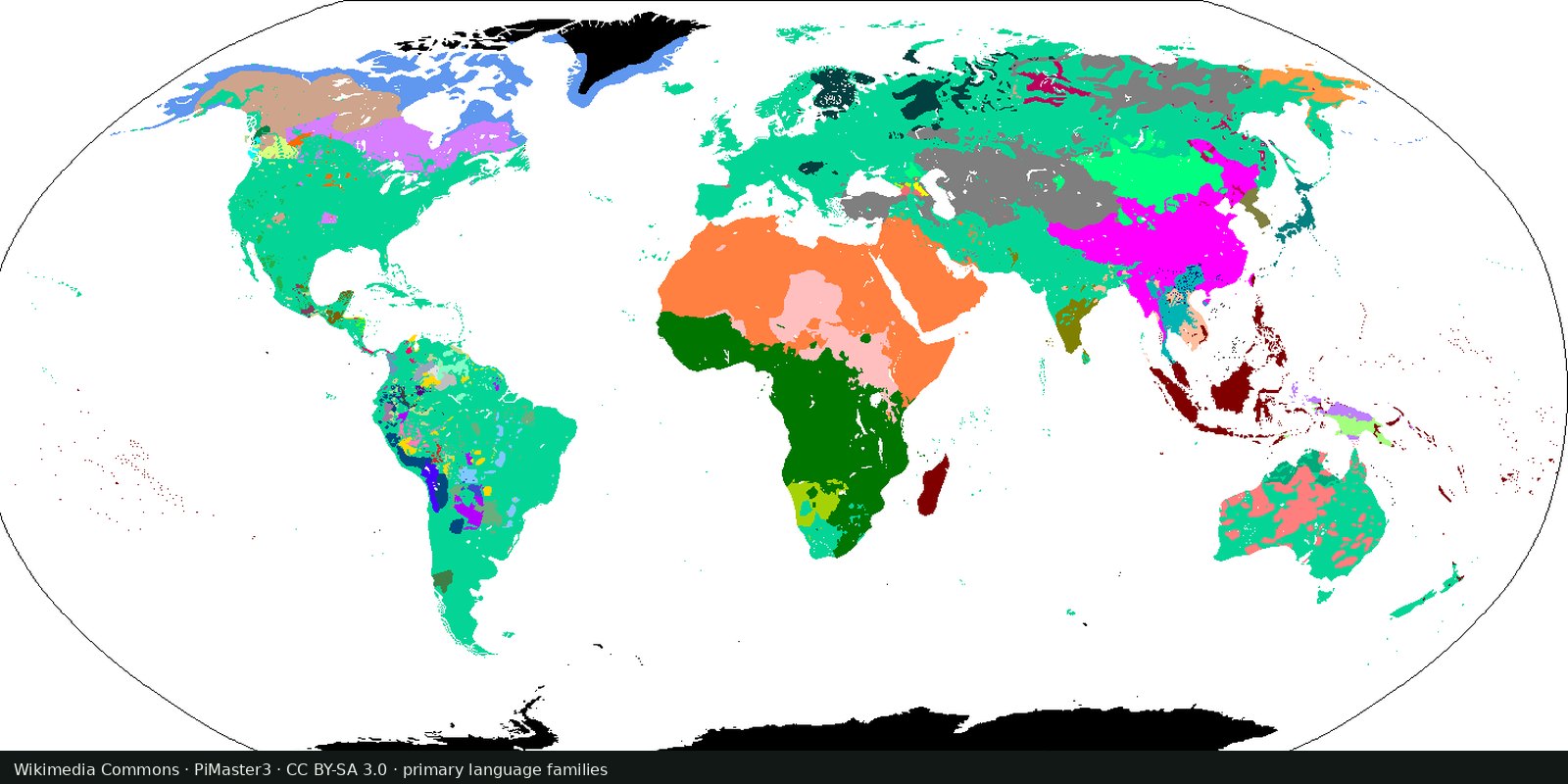 Color-coded world map of primary language families: teal Indo-European areas, orange Afro-Asiatic, green Niger-Congo, magenta Sino-Tibetan, maroon Austronesian