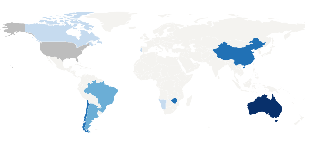 World map of estimated lithium mine production in 2024, pale blue for smaller output and dark blue for the largest, with the United States in mid grey