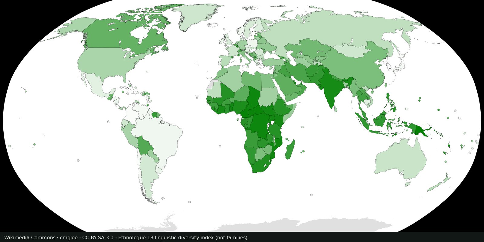 Green choropleth of linguistic diversity by country: darker green where many languages share a state, paler where few do: not a language-family atlas