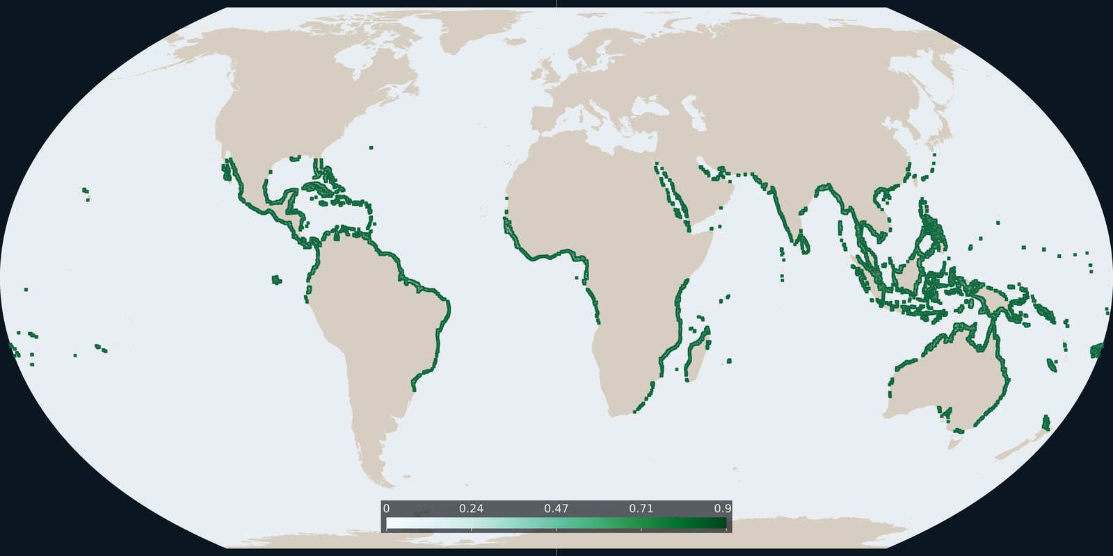 World map of Global Mangrove Watch v3 mangrove extent in 2020, a dark-green fringe along tropical coasts