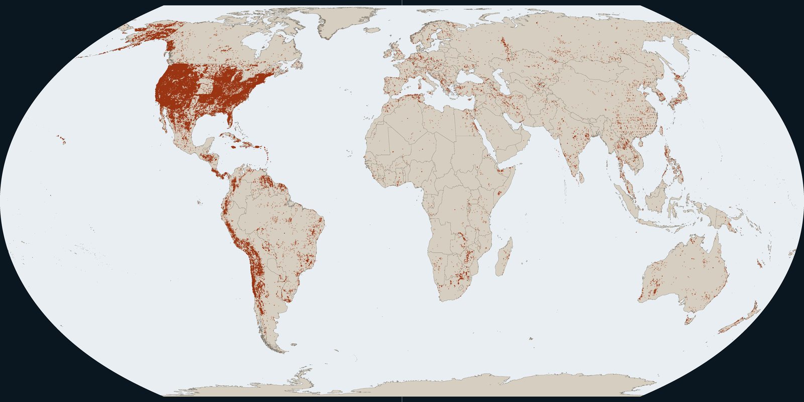 Tan world map with colored dots for recorded mineral districts: gold, copper, iron, lithium, and rare earths