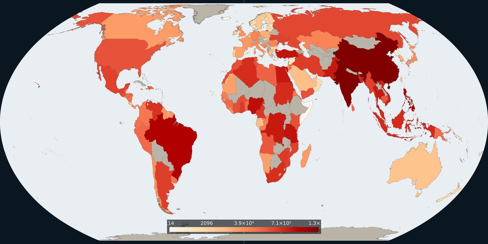 Fix Planet overview choropleth of mismanaged plastic waste: amber countries in a larger-mass orientation, other land left unclassed: not a beach photograph and not an OWID export