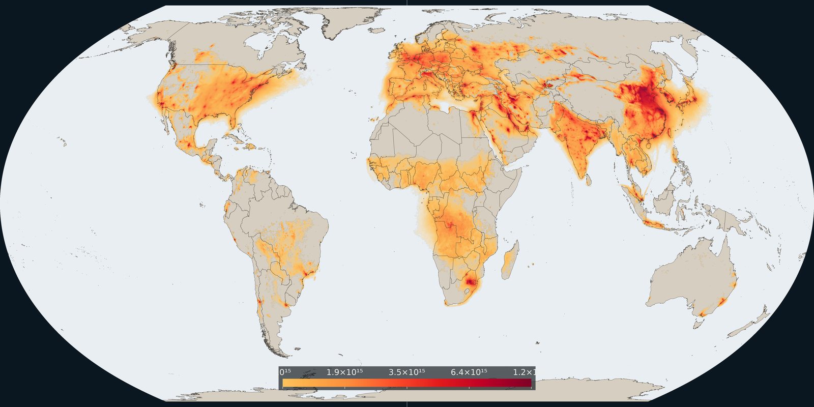 Fix Planet overview of the 2024 annual mean tropospheric nitrogen dioxide: orange and deep-red columns over cities, industry, and shipping lanes on the base map, not a PM2.5 choropleth and not an ESA still