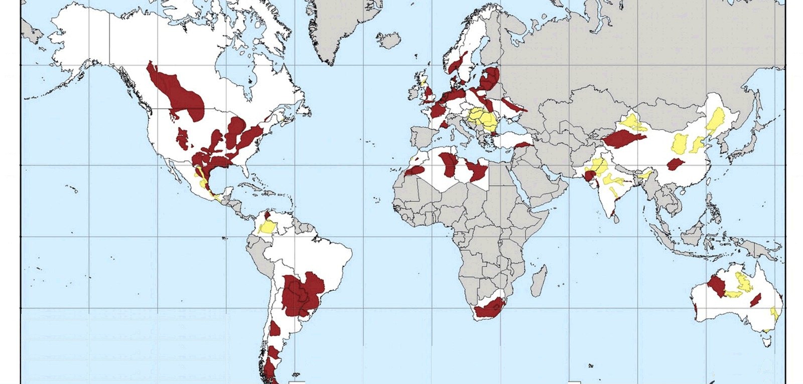 World map of assessed shale-gas basins from the U.S. Energy Information Administration, with white and grey countries and maroon and yellow basin polygons