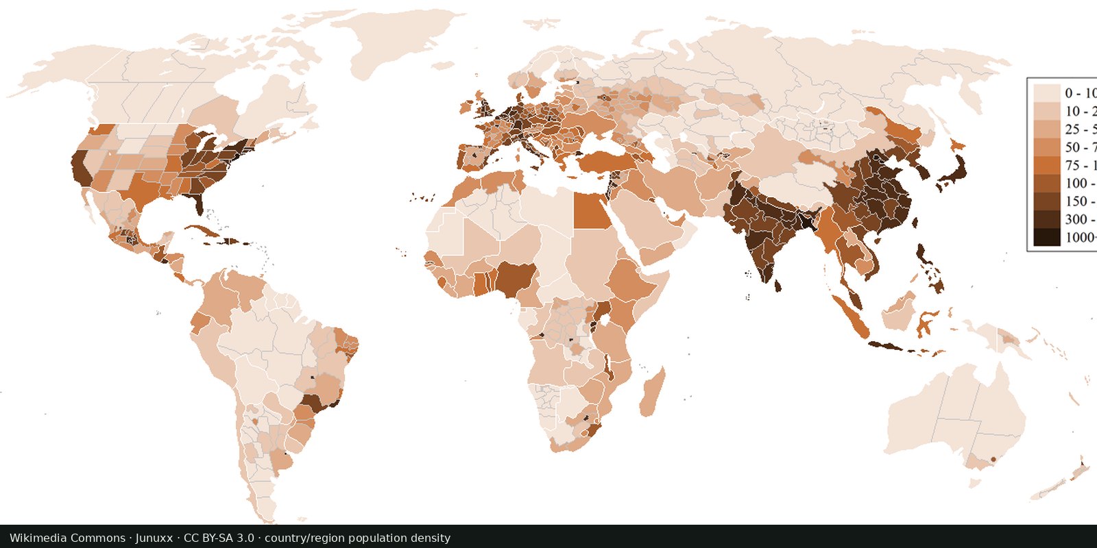 Brown choropleth of population density by country and selected regions, darkest over South and East Asia and parts of Europe