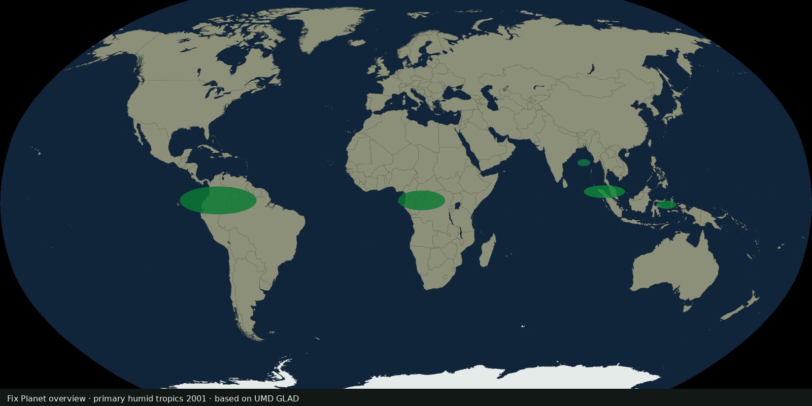 World map with a saturated green belt of primary humid tropical forest across the Amazon, the Congo basin, and Southeast Asia on a 2001 baseline, not boreal forest and not annual canopy loss