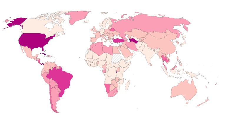 World map of prisoners per 100,000 people, pale land for lower rates and dark magenta for higher rates, with no title or legend text on the image