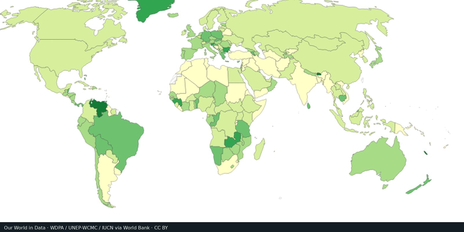 Our World in Data green choropleth of the share of each country’s land that is reported as protected