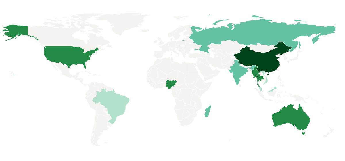 World map of estimated rare-earth mine production in 2024, pale green for small output and dark green for the largest, with China darkest