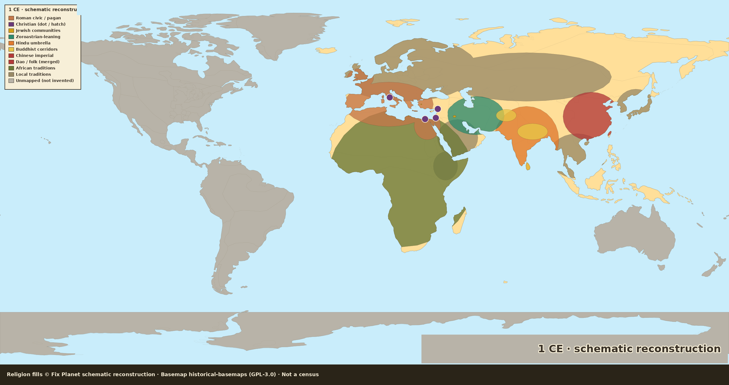 Schematic world religion map for 1 CE: Roman pagan Mediterranean, tiny Christian dots, Parthian zoroastrian wash, Indic and Han umbrellas, Americas unmapped gray