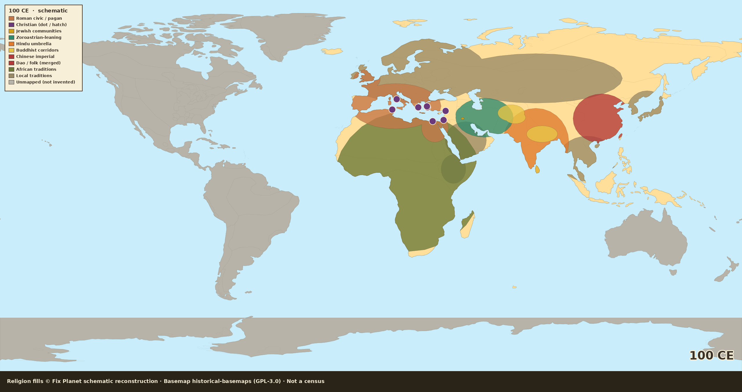Schematic world religion map for 100 CE: pagan Mediterranean, slightly more Christian urban dots, Kushan Buddhist mix, Americas unmapped