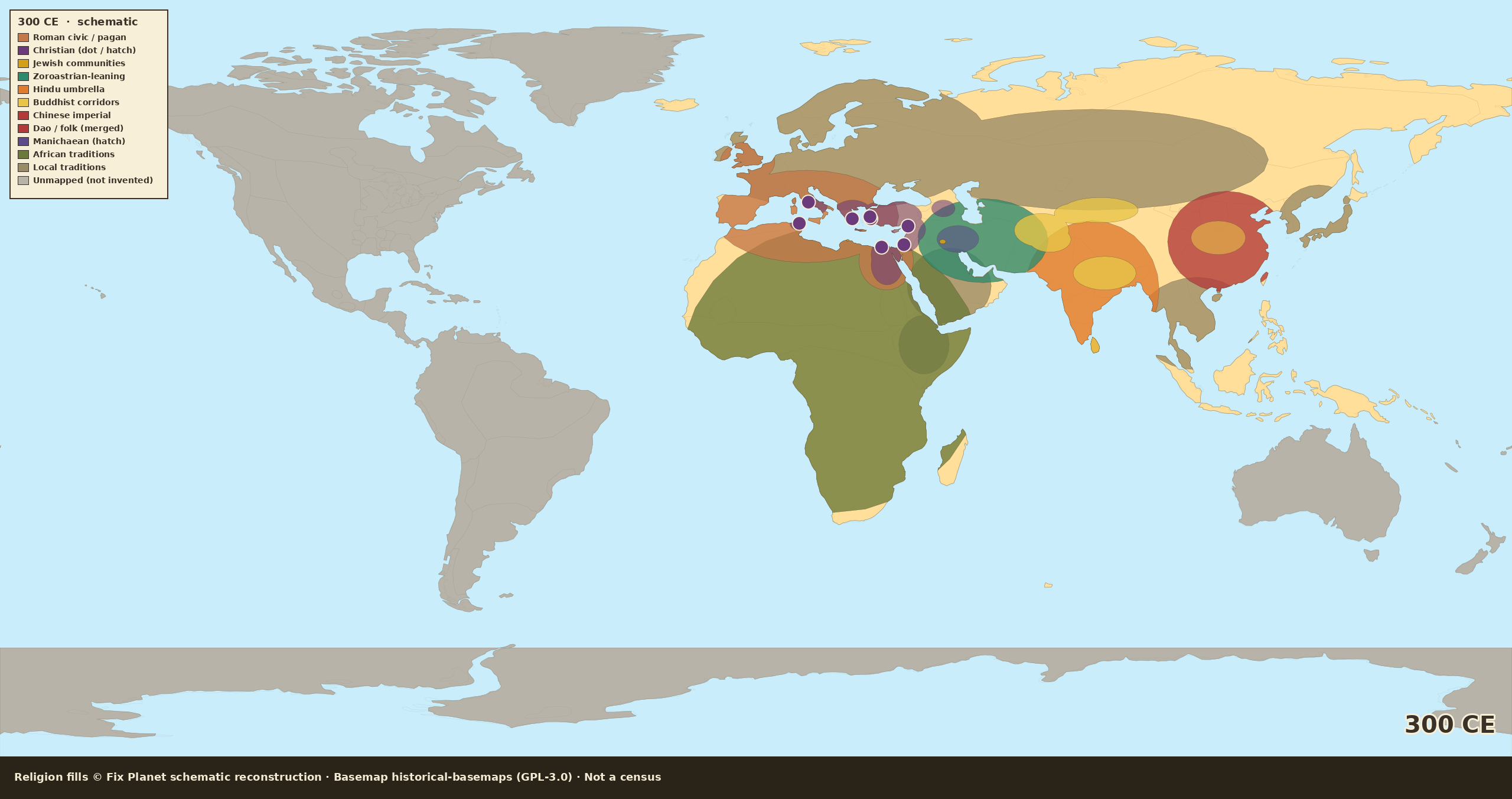 Schematic world religion map for 300 CE: pagan majority around Rome, Christian urban minority in the East, Armenia edge, Americas unmapped