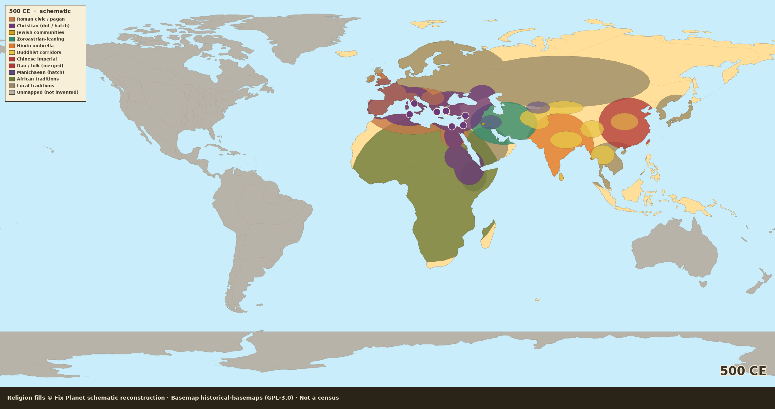 Schematic world religion map for 500 CE: Christian fill across much of the former Roman world, rural pagan hatch, Zoroastrian Iran, Indic and Chinese belts, Americas unmapped
