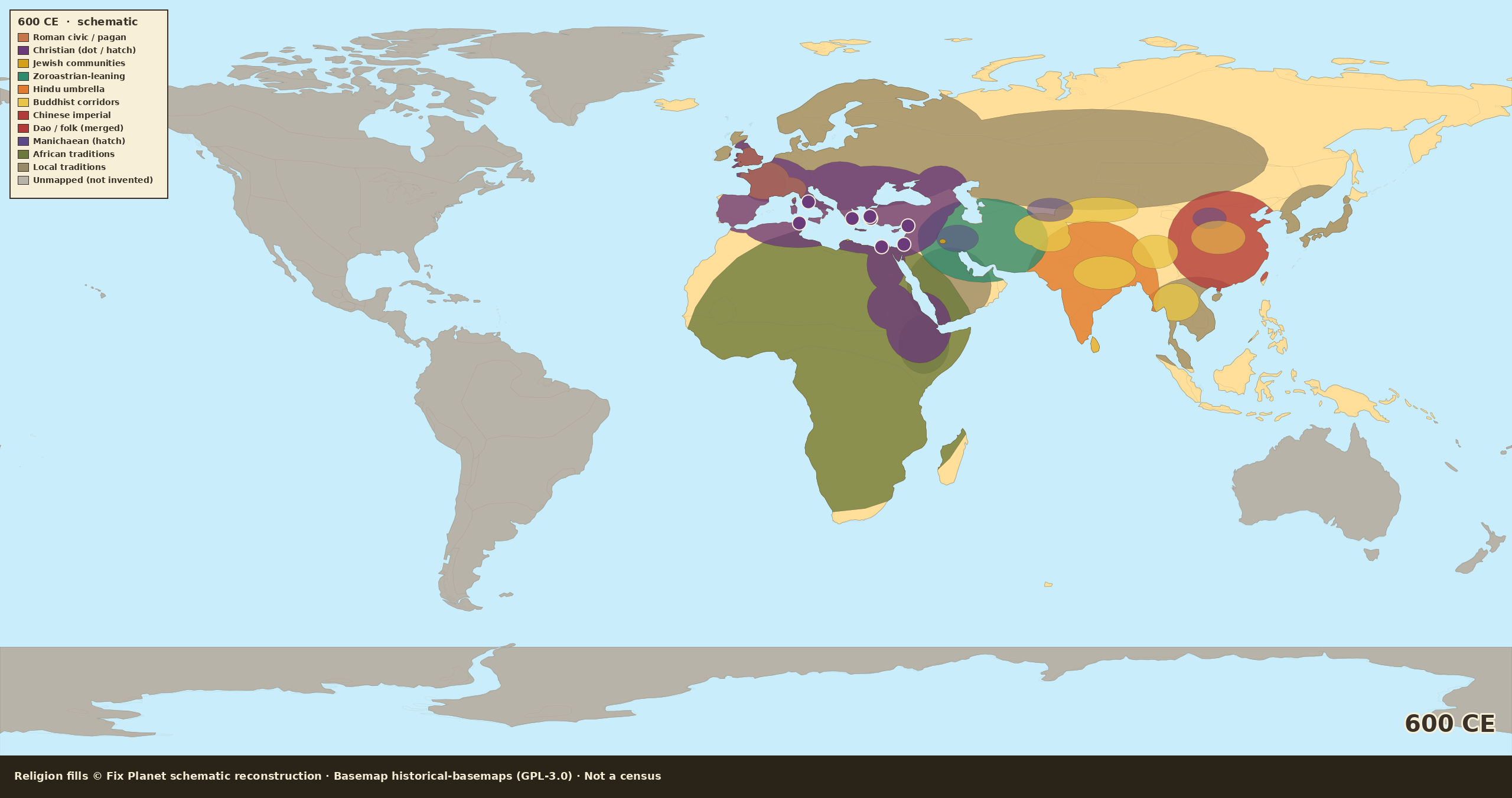 Schematic world religion map for 600 CE: wider Christian Mediterranean belt, Zoroastrian Iran, Hindu India, Buddhist corridors, Chinese imperial cult, Americas unmapped