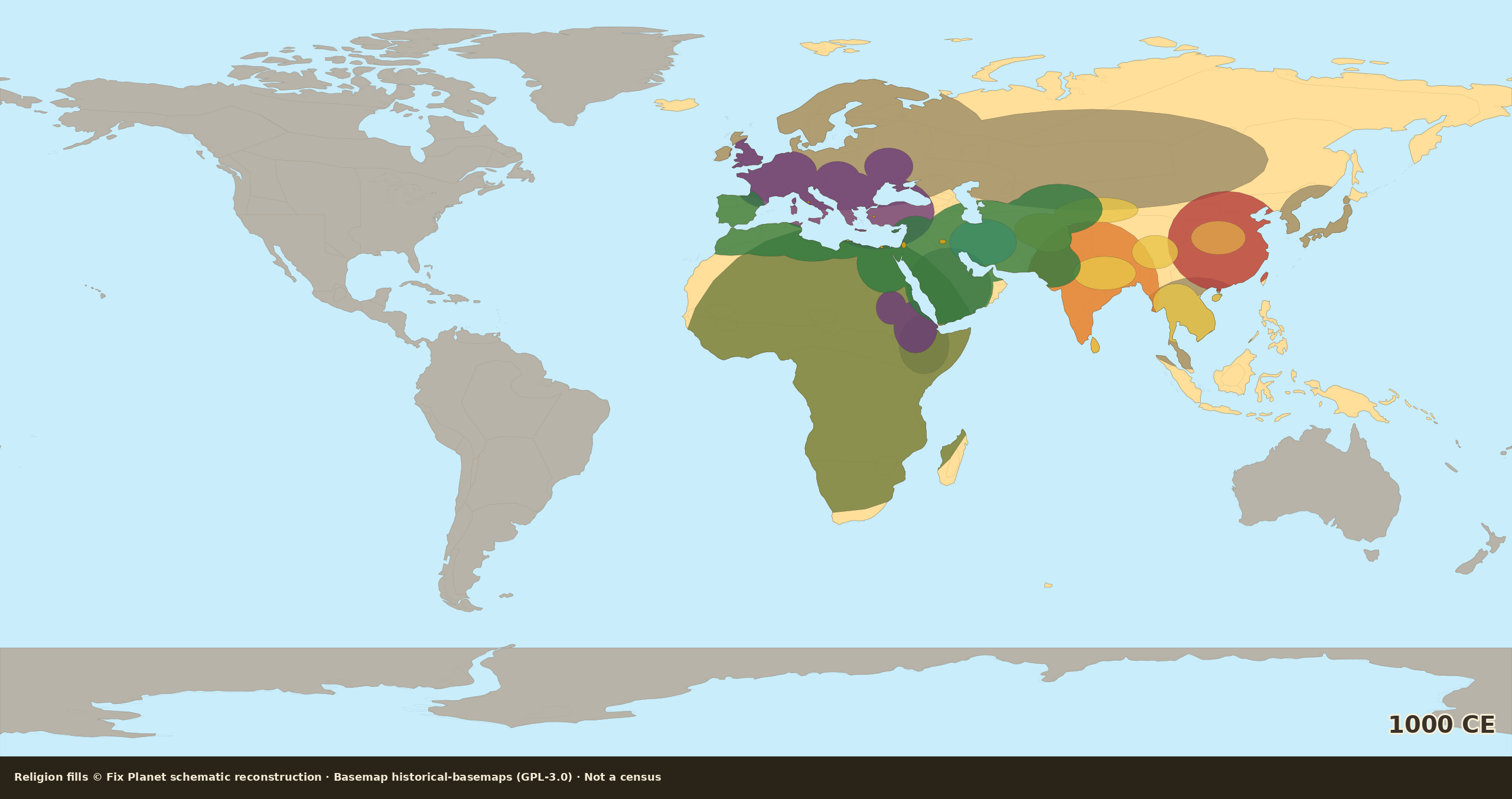 Schematic world religion map for 1000 CE: wide Islamic Maghreb, Libya, Egypt and the Near East belt, Christian Europe expanding north and east, Americas unmapped
