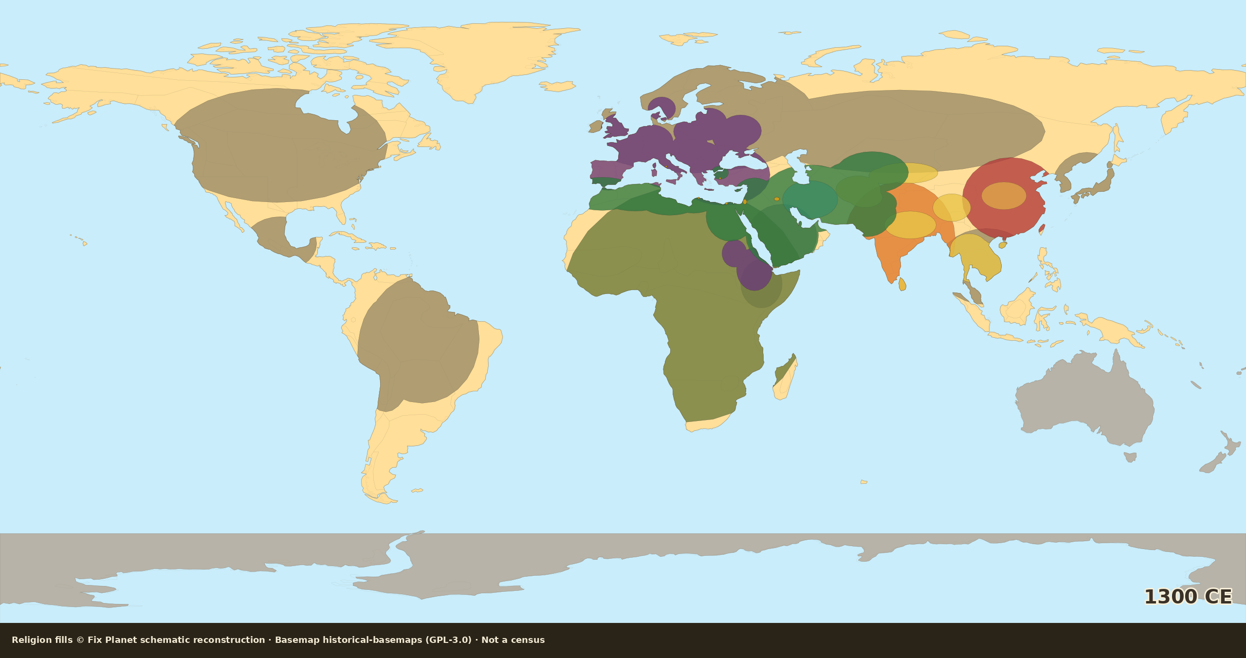Schematic world religion map for 1300 CE: Mamluk Islamic belt, Anatolia fringe, Granada pocket, Americas indigenous fill