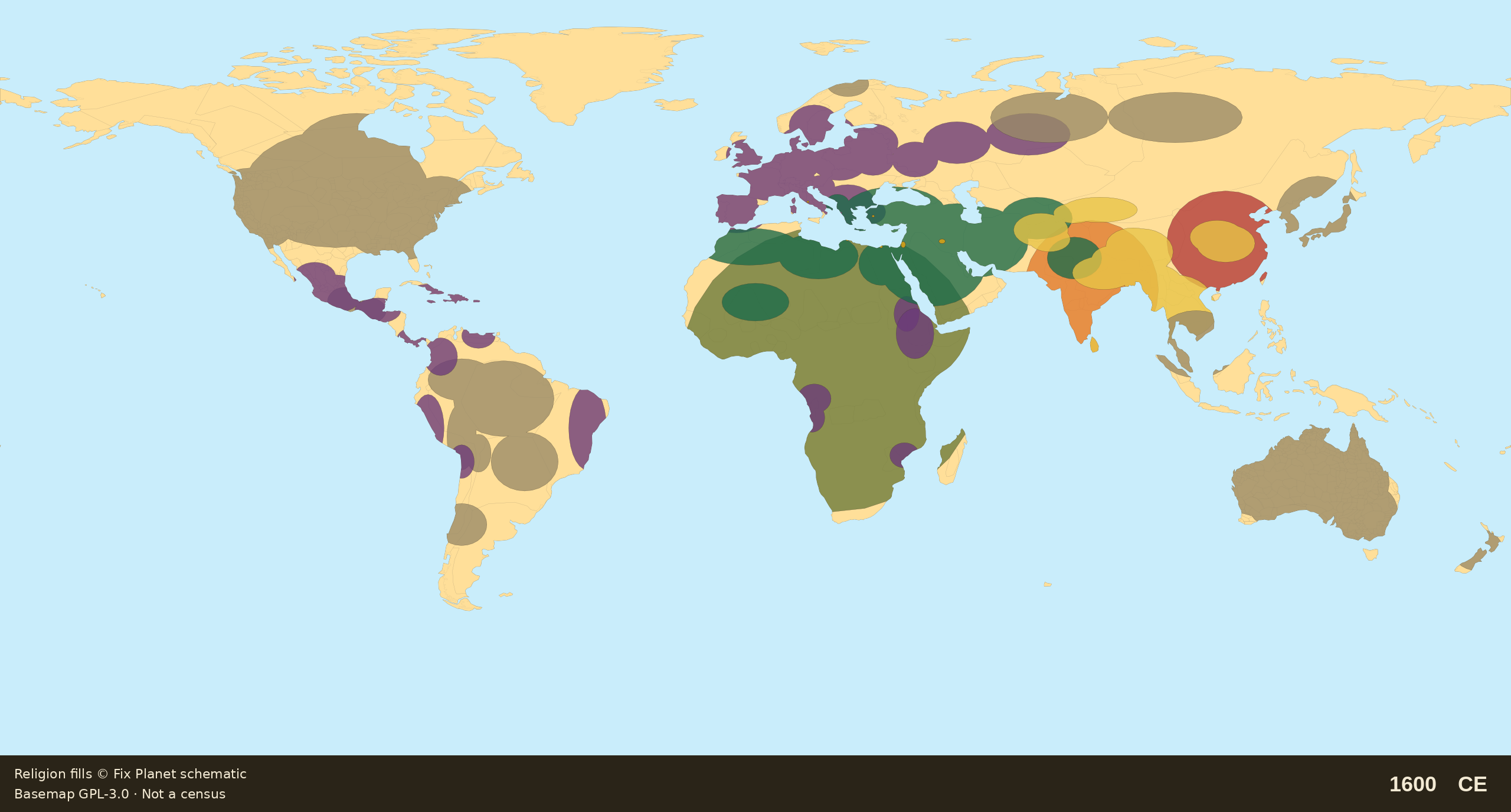 Schematic world religion map for 1600 CE: Ottoman Anatolia Islamic, Balkans Christian, Iberia Christian, Americas inland indigenous residual with a Christian colonial edge, Africa traditional south of the Sahara with Christian pockets, Australia Aboriginal