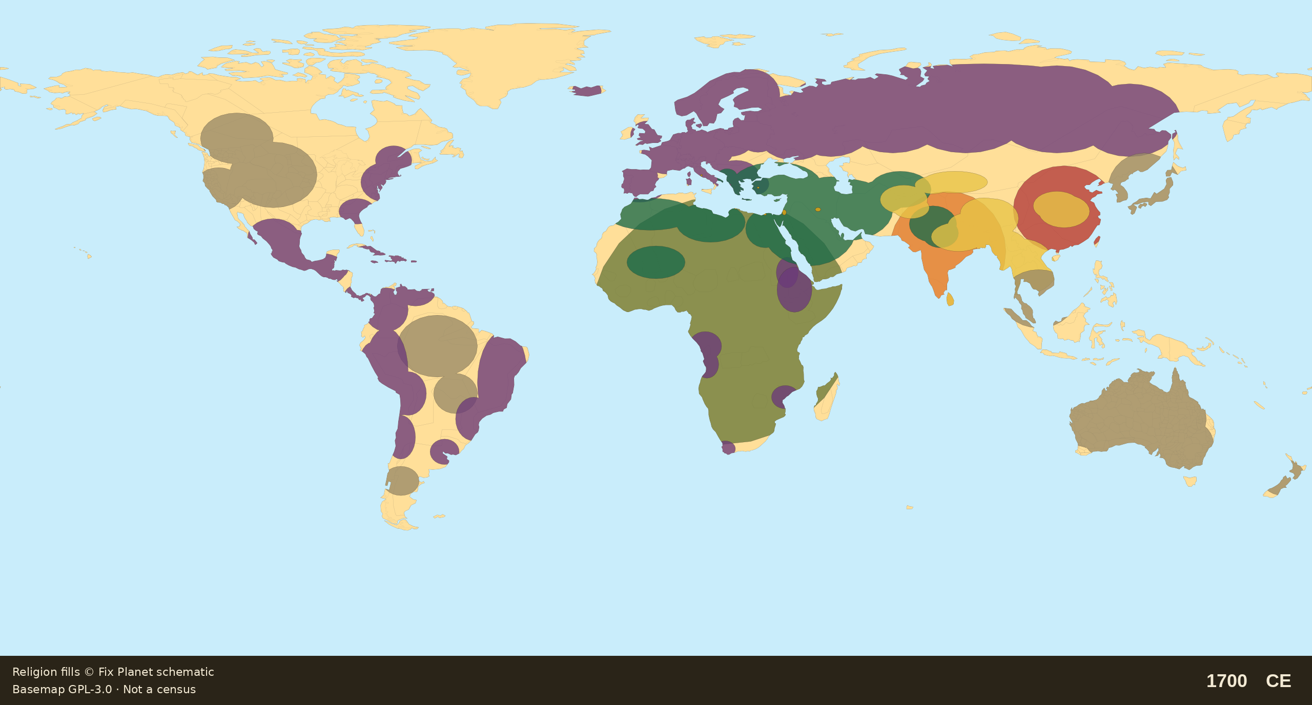Schematic world religion map for 1700 CE: Iberian America largely Christian, British and French eastern North America Christian, inland residual, Orthodox Siberia belt, Lutheran Scandinavia, Cape Colony, Australia Aboriginal