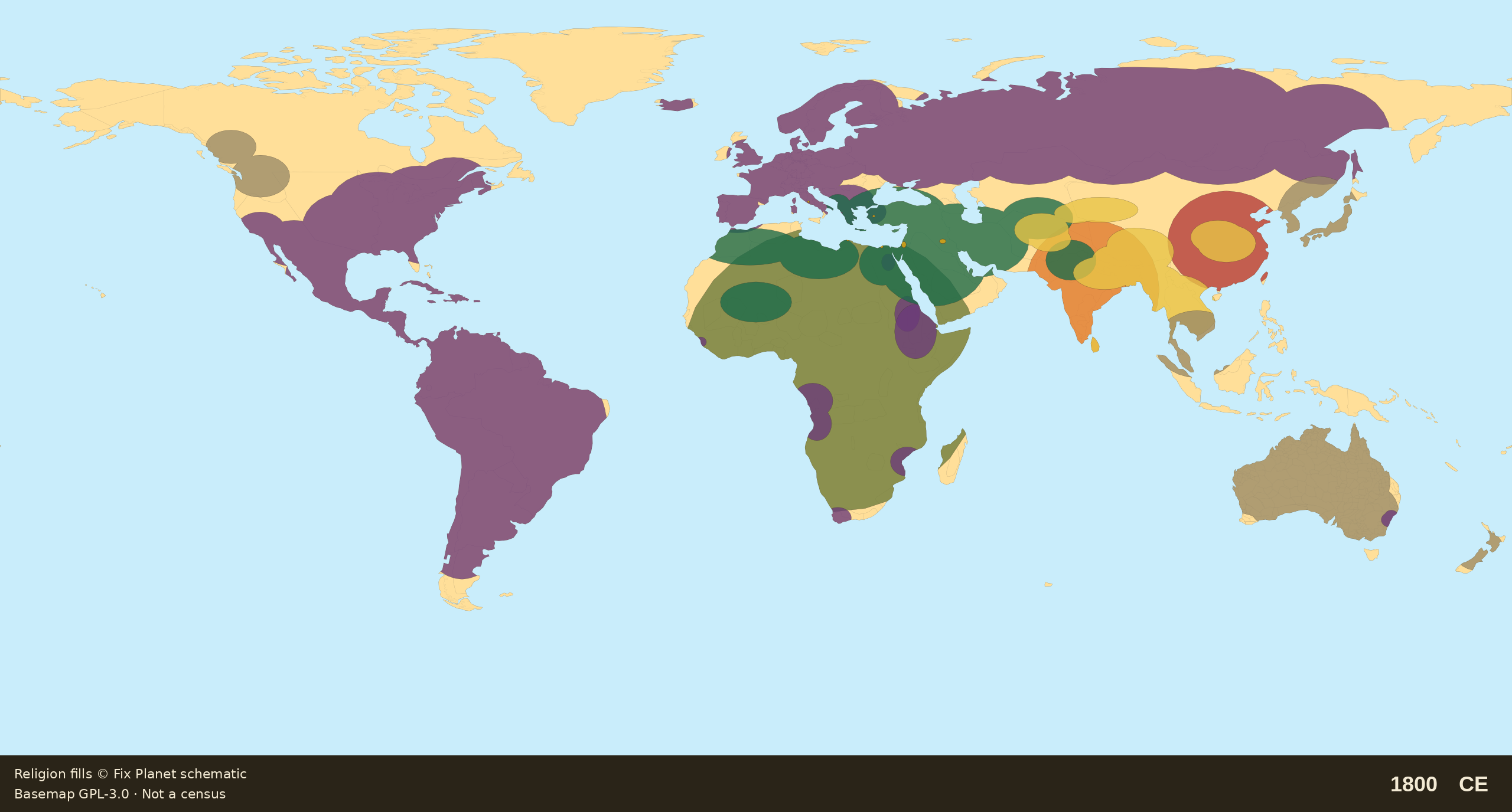 Schematic world religion map for 1800 CE: South America nearly Catholic, North America Christian east-center, Russia Orthodox to the Pacific, Lutheran Scandinavia, Africa Christian pockets, tiny NSW colony, Australia Aboriginal
