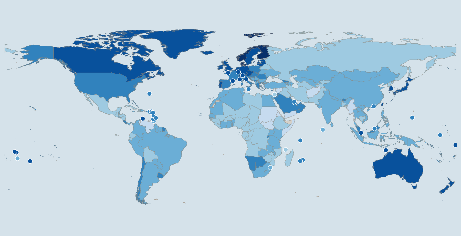 World map of the World Bank rule-of-law score for 2025, light blue for lower scores and dark blue for higher scores, with small economies as dots