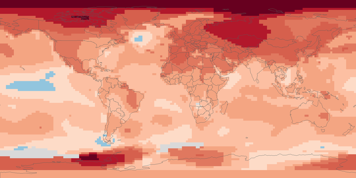World map of the 2025 surface temperature anomaly on a 2 by 2 degree grid. Most of the globe is orange and red, the far north is darkest red, and a few squares are grey.