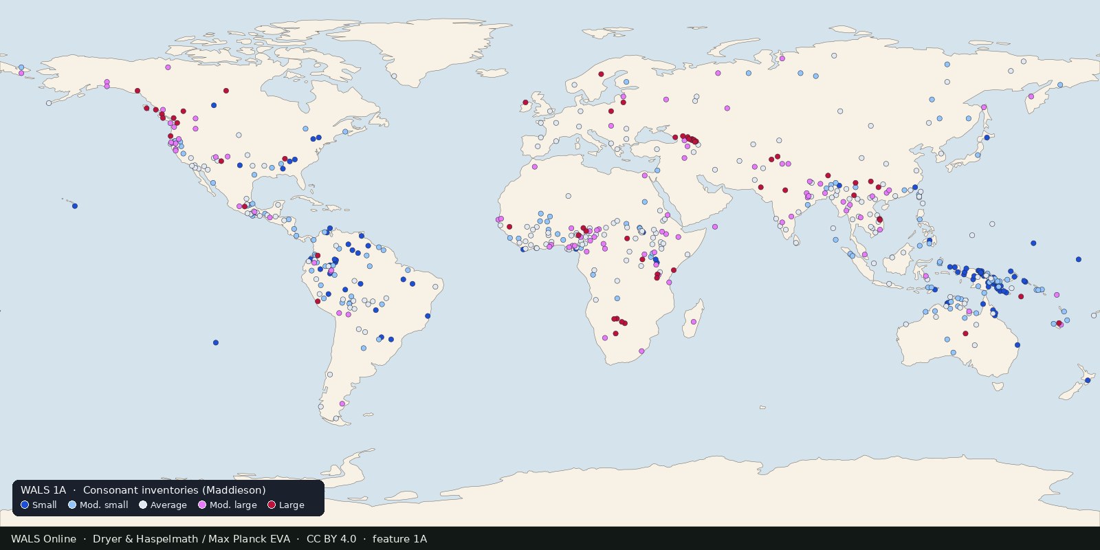 WALS Online map of consonant inventory size: colored points at language reference locations from small (blue) to large (red), structural typology, not ethnicity and not a family tree