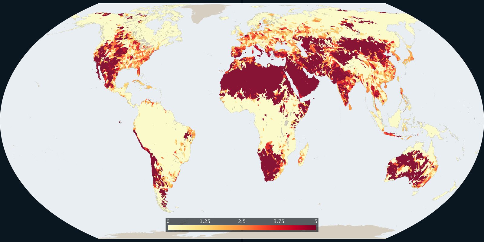 World map of Aqueduct 4.0 baseline water stress scores, from low scores in pale yellow to high scores in red across dry and heavily used basins