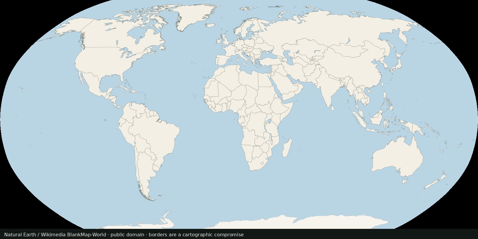 Public-domain outline map of the world’s countries in cream on light blue, without labels