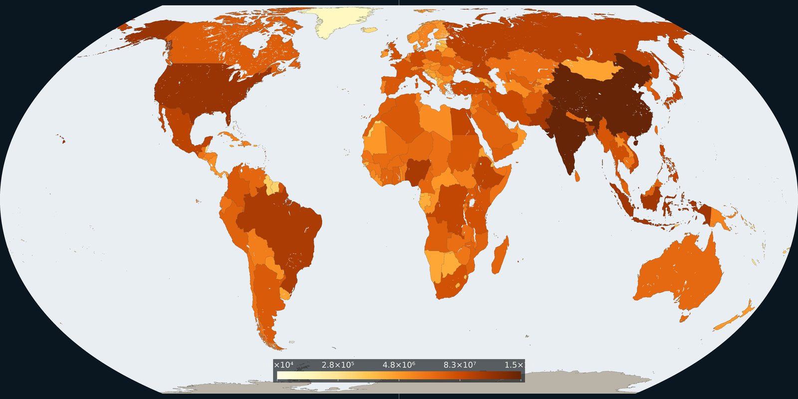 Equal Earth choropleth of UN WPP 2024 country population on 1 July 2024, darker brown for larger totals, with a numeric colour bar