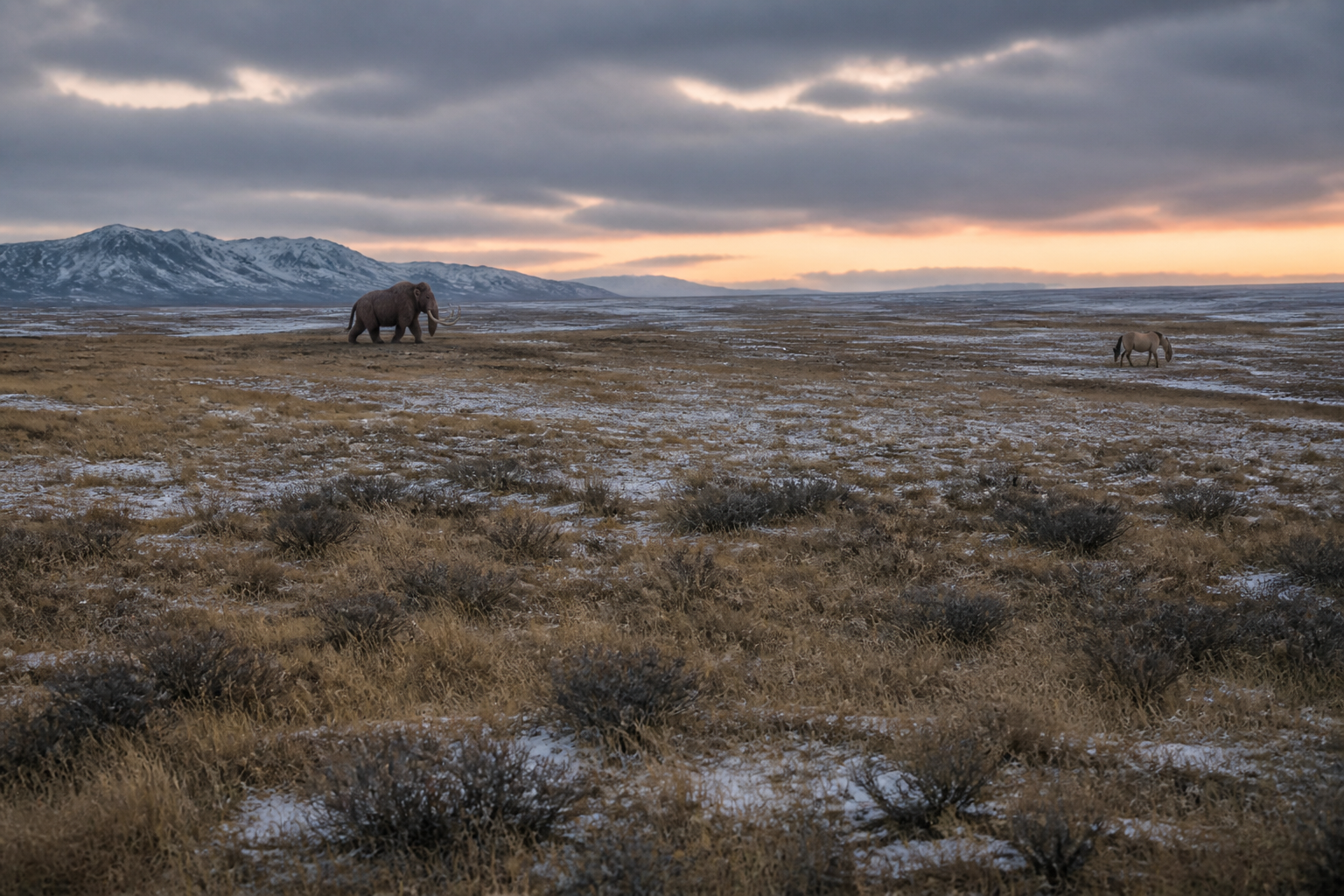 A cold dry grassland at dusk with a distant woolly mammoth and horse: a stand-in for the lost mammoth steppe, not a named bone bed