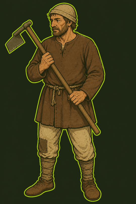 A small drawing of a medieval commoner in a simple cap, brown tunic, rope belt, and hoe: not a king and not a portrait of a named person