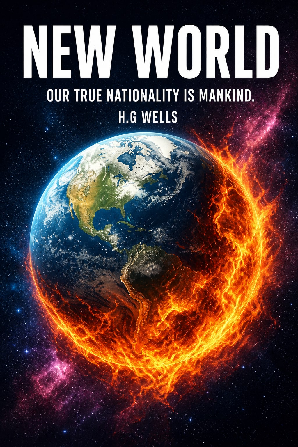 Front cover of New World: Earth in flames under the title NEW WORLD and the H.G. Wells quote Our true nationality is mankind