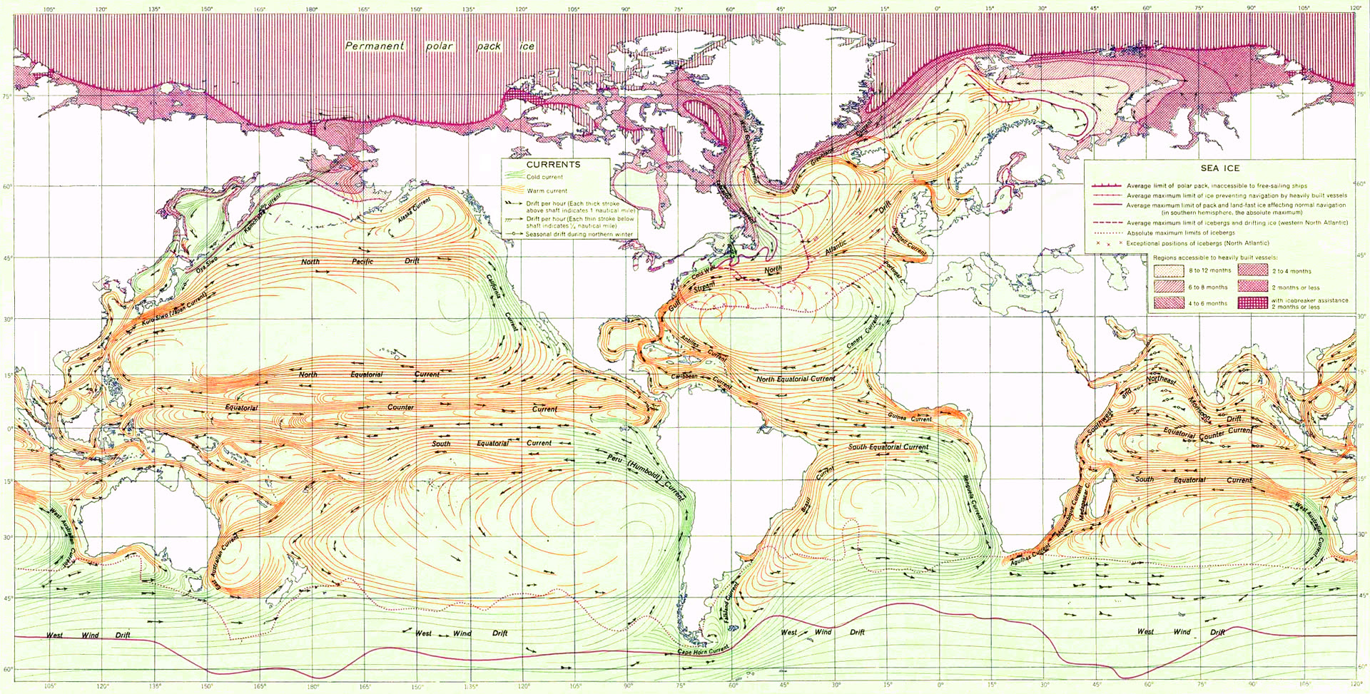 Vintage world map of named ocean currents in orange and green with ice-limit hatching at the poles