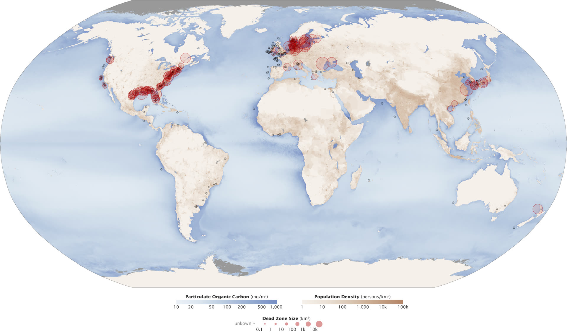 World map with red dots on coastal seas marking documented hypoxic dead zones, ocean color in the background
