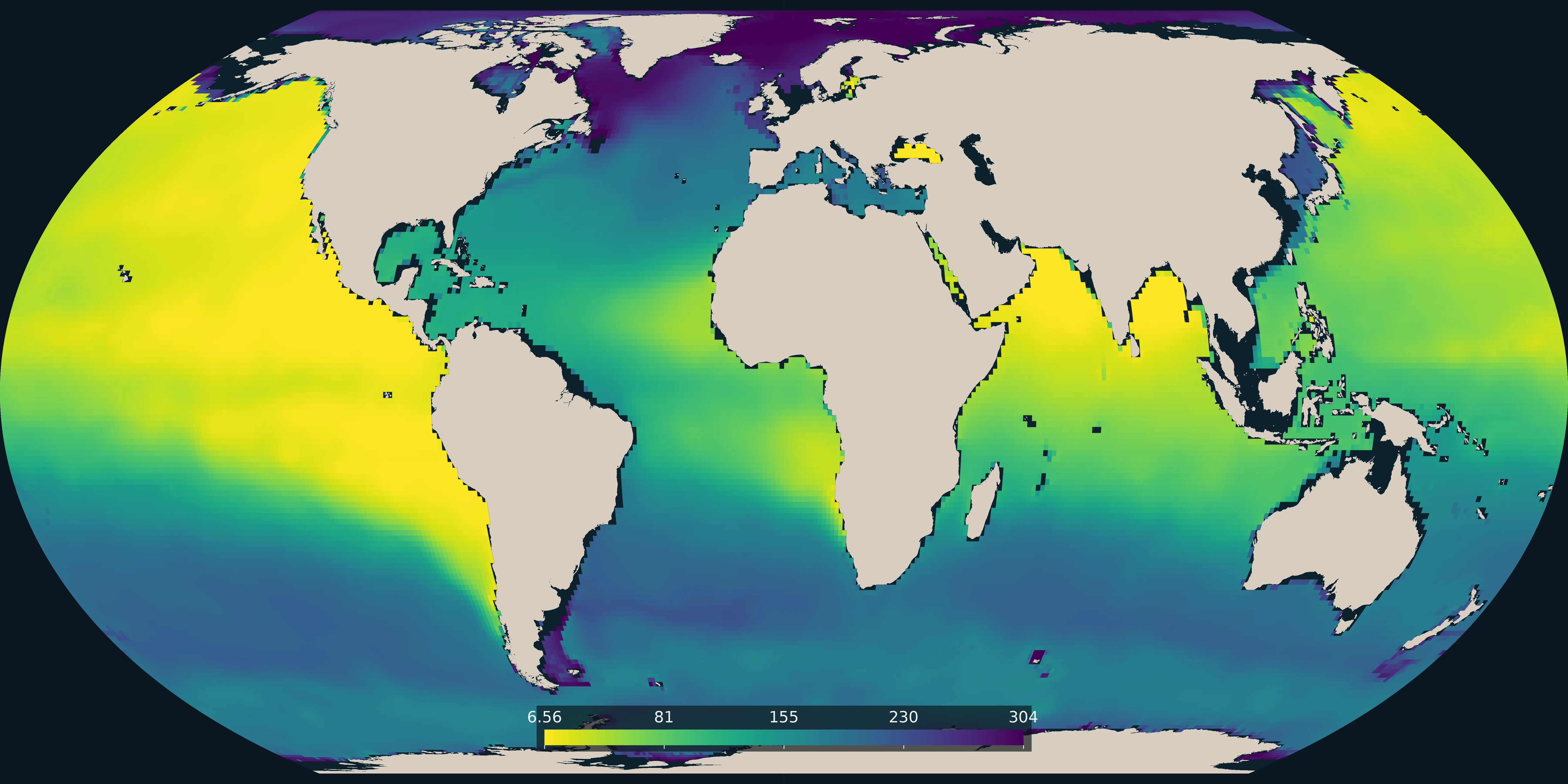 The lowest dissolved oxygen between 100 and 1000 metres in the World Ocean Atlas 2023 climatology. Open-ocean oxygen, not the coastal dead-zone pins on Pollution.