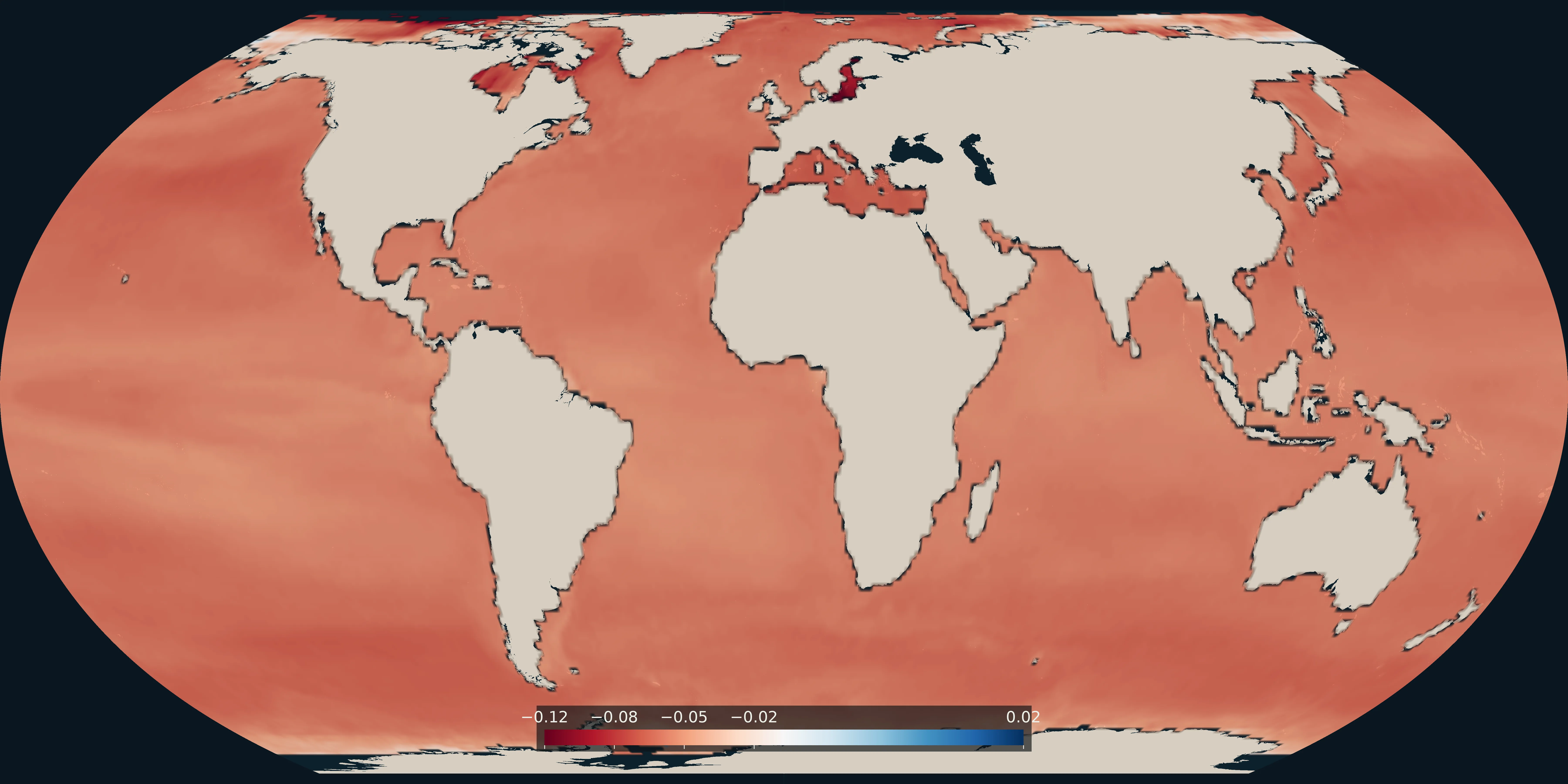 How much surface-ocean pH changed from the late 1980s to the early 2020s. A carbonate-chemistry trend, not temperature and not a pollution map.