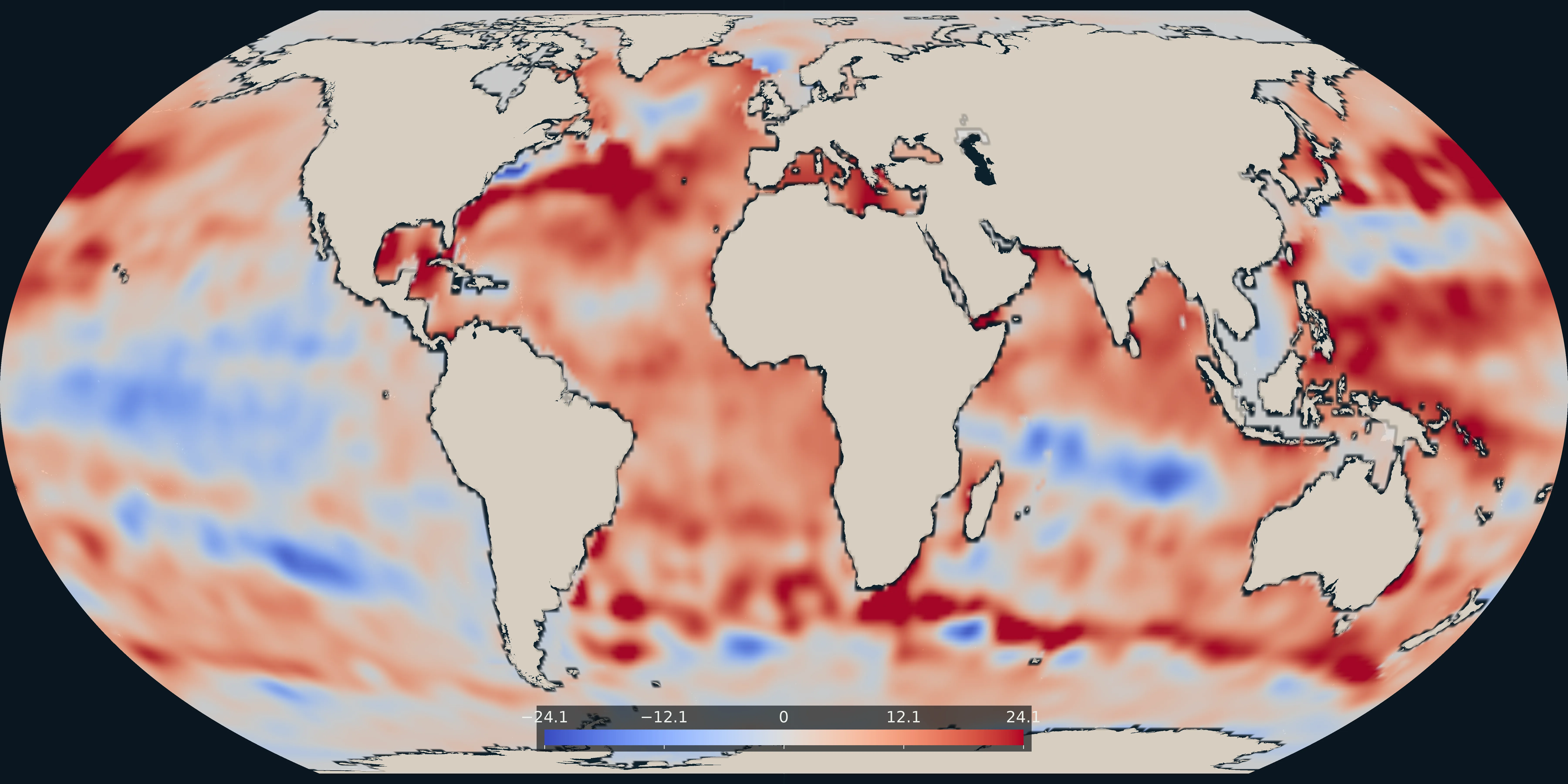Heat stored in the upper 700 metres in 2025, as an anomaly in each 1° cell, from NOAA NCEI.